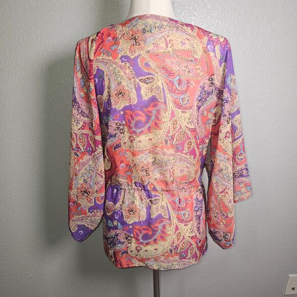 Chaps Large Paisley Floral Colorful Tunic Blouse with Drawstring Waist Lg V-Neck - Picture 4 of 10
